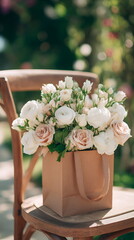 Stylish paper bag overflowing with fresh red and pink roses, placed on a wooden chair