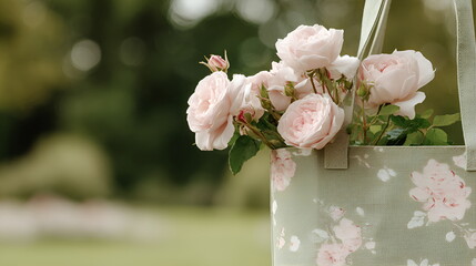 Stylish paper bag overflowing with fresh red and pink roses, placed on a wooden chair