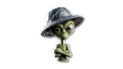 Confused alien with tinfoil hat questioning human customs in unusual encounter