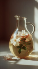 Sunlight shining through rose oil with suspended petals in vintage glass container