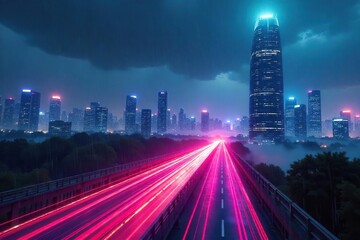 Fototapeta premium Futuristic Cityscape Sleek Skyscrapers and Flying Vehicles Illuminate a Rain-Slicked Metropolis at Night