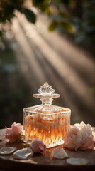 Sunlight shining through rose oil with suspended petals in vintage glass container, layout with copy space