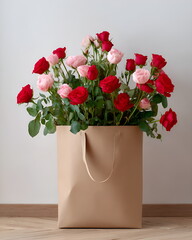 Stylish paper bag overflowing with fresh red and pink roses, placed on a wooden floor near a white wall