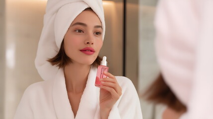Woman applying rose oil serum to face in bathroom mirror reflection, morning routine