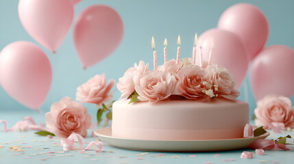 Elegant white cake decorated with fresh pink and red roses on top