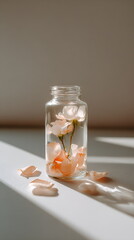 Sunlight shining through rose oil with suspended petals in vintage glass container