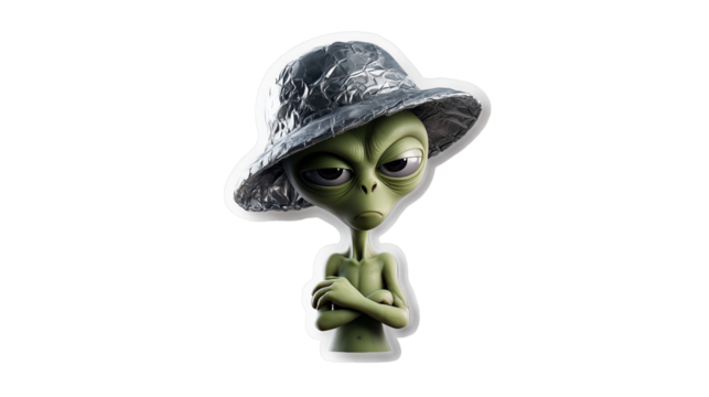 Confused alien with tinfoil hat questioning human customs in unusual encounter