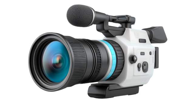 High-quality news camera with microphone ready for live reporting in busy urban setting