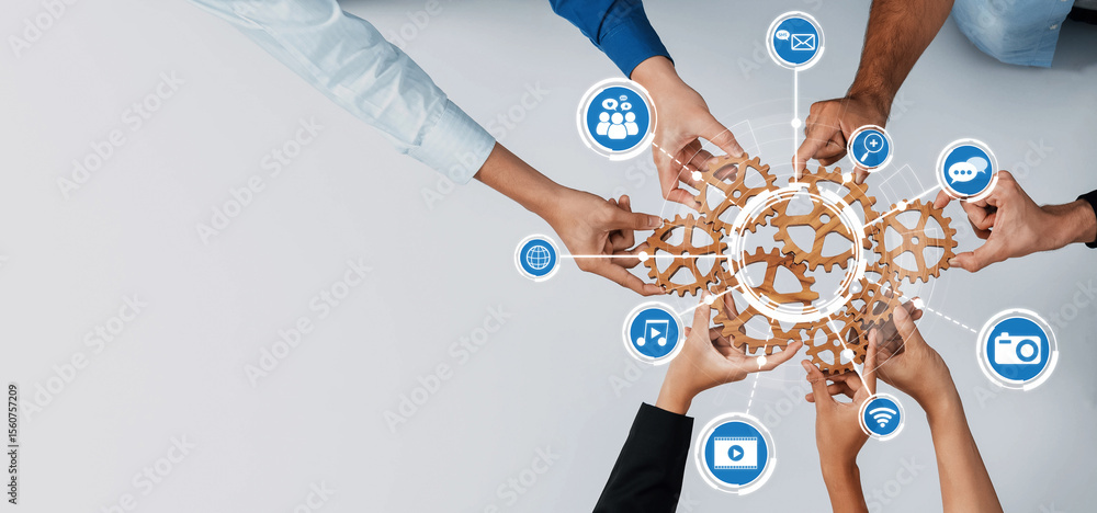 Poster a visually engaging image showcasing diverse hands coming together with gears and technology icons, 