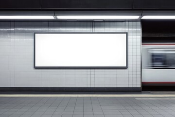 Blank billboard in a subway station.  Empty advertisement on a wall.  Blurred train in motion