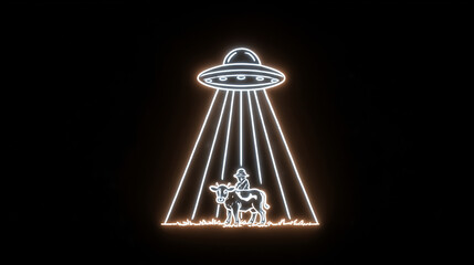 UFO sticker depicting light beam illuminating cow with alien figure in a whimsical rural setting at nighttime