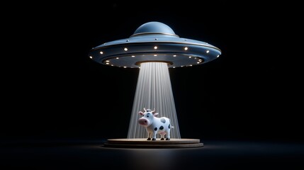 UFO captures cow under glowing light beam in mysterious countryside at night