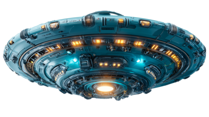 Mysterious UFO spaceship with a sleek flying saucer design hovering silently at dusk