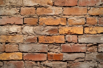 Close-up of an aged brick wall with various shades of reddish-orange and muted gray bricks. Mortar joints show signs of weathering and age