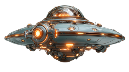 Ufo spaceship resembling a flying saucer hovering silently above a quiet landscape at dusk