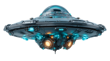 UFO spaceship in flying saucer style emits bright lights while hovering above the ground at dusk