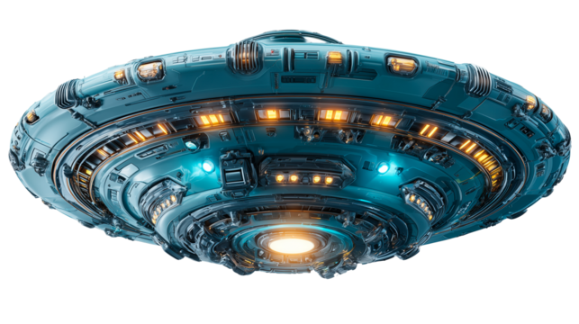 Mysterious UFO spaceship with a sleek flying saucer design hovering silently at dusk