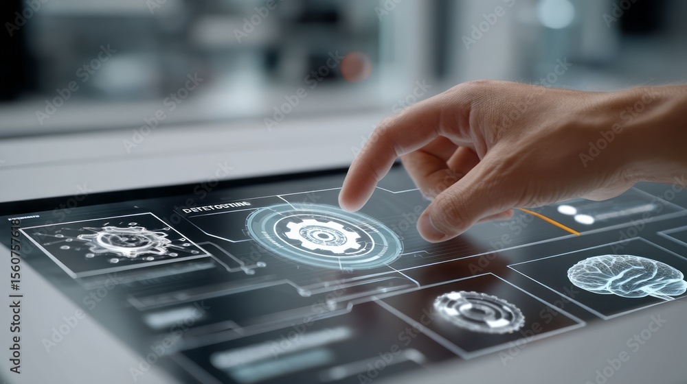 Poster hand interacting with advanced futuristic technology interface for data analysis and control applica