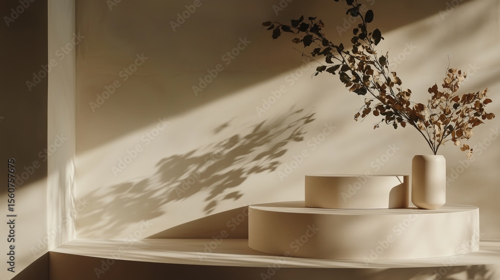Poster minimalist interior display with natural elements and soft lighting creating warm shadows in a neutr