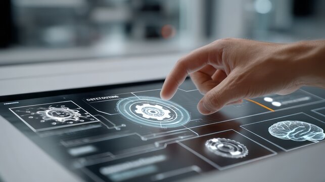 Hand interacting with advanced futuristic technology interface for data analysis and control applications.