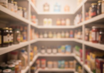 Soft Focus Food Storage. Atmospheric view of a well-stocked home pantry, shelves filled with various provisions in a gentle, dreamy blur, evoking a feeling of comfort and abundance.