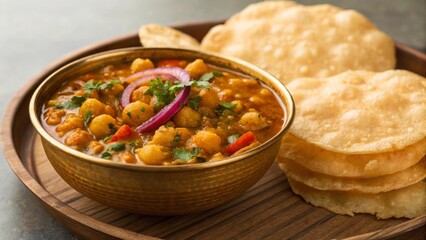 Savoring chole chickpea curry in a brass bowl with puri breads stacked traditional indian cuisine home kitchen culinary delight