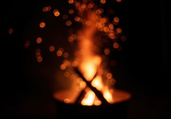 Blurred Campfire Bokeh and Sparks. A comforting blaze with vibrant embers against the deep night sky. Evokes cozy evenings, warmth, and tranquil outdoor moments.