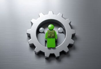 Silver gear with group of people icons and central green figure wearing a military vest