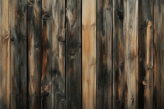 Aged wooden planks in vertical slats, showing variations in dark brown and gray tones