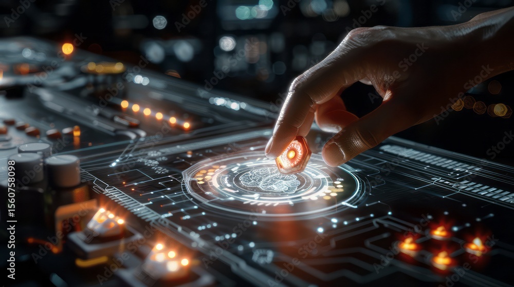 Poster a futuristic hand interacts with a digital interface featuring an ai brain, highlighting technology,
