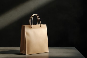 Beige paper shopping bag on a gray surface,  dark background, sunlit