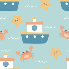  Seamless pattern with boats, crabs and starfish. Vector illustration. It can be used for wallpapers, wrapping, cards, patterns for clothes and other.