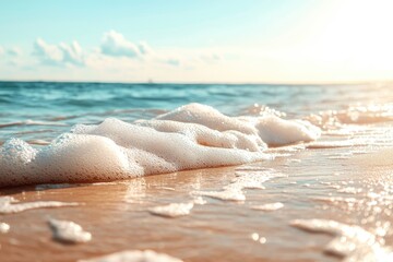 Foamy waves lapping at a sandy beach, bathed in sunlight.  Ocean waves cresting, producing white foam on the shore.  Gentle, soft light.  Blurred background of the sea