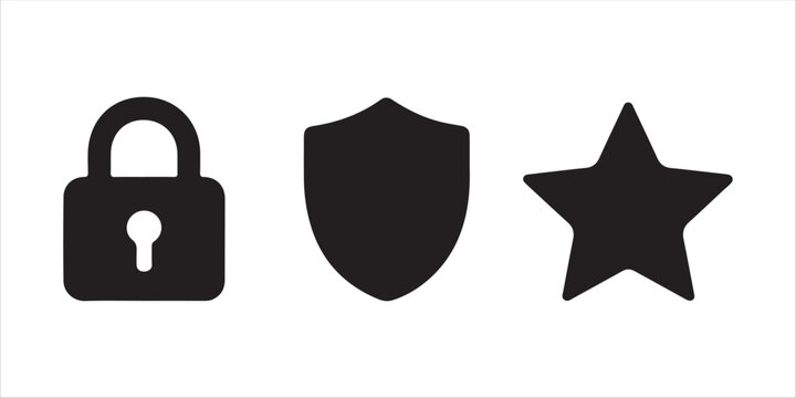 A minimalist black silhouette of lock icon and security icon and ster icon