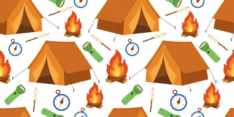 Camping seamless pattern with tents, bonfires, marshmallows, flashlights, and compasses — colorful vector background with camping gear and outdoor elements. Ideal for adventure-themed designs.