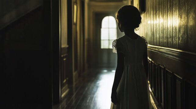 A ghostly child in a vintage dress, translucent figure, standing in a dark hallway, eerie and unsettling