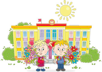 Greeting card with happy little schoolboy and schoolgirl with schoolbags and flowers going to their pretty school on the first of September, vector cartoon illustration on a white background