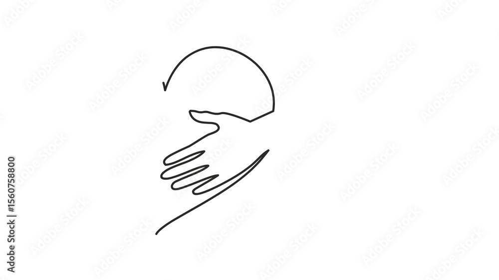 Poster animated self drawing of continuous line draw hand hugging heart, hug. full length one line animatio