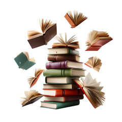Fototapeta premium A stack of vintage books with several open books flying around it, isolated on transparent background