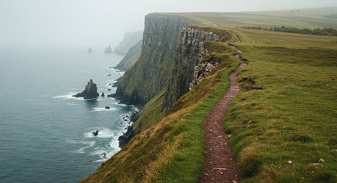 Dramatic hiking trail on a foggy cliffside overlooking the ocean. Adventurous and serene nature landscape for travel and exploration themes, symbolizing a journey into the unknown.