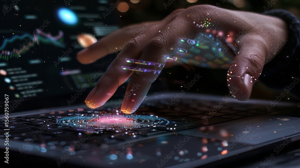 Aufkleber navigating the digital frontier: a hand interacting with advanced technology and data visualization 