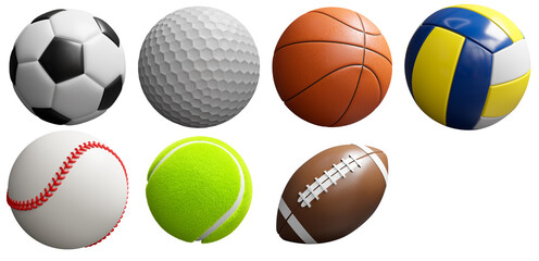 icon set of soccer ball, American football, basketball, golf ball, volleyball, tennis ball and base ball isolated on white background, 3d render