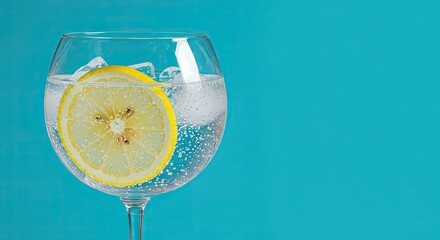Refreshing summer drink with a lemon slice and ice in a glass against a bright blue background. Sparkling lemonade or cocktail perfect for party, bar, and vacation concepts.