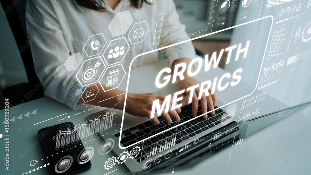 Poster business professional analyzing growth metrics on laptop with digital graphs and icons in modern wor