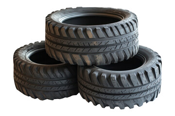 Obraz premium Three stacked heavy duty off road vehicle tires isolated on transparent background