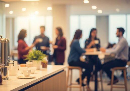 Workplace Social Connection. Abstract view of colleagues engaging in lively discussions. This image symbolizes modern office collaboration and fosters a sense of community.