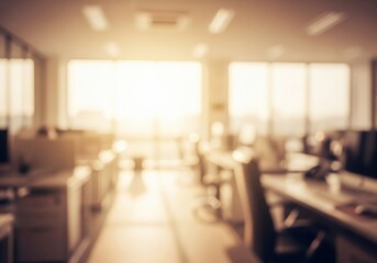 Fototapeta premium Warm Office Interior Blur. A vibrant workplace scene with a soft focus, bathed in natural light. Ideal for corporate presentations or digital backdrops, conveying a sense of possibility and calm.