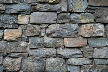 Obraz premium Close-up view of a stone wall. Rows of irregular, rectangular stones in various shades of gray and brown. Mortar lines visible