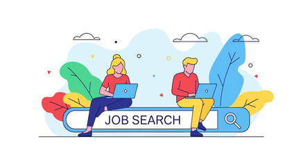 Adobe Illustrator vector flat style illustration of two individuals sitting on a giant search bar, using laptops for an online job search, symbolizing digital recruitment