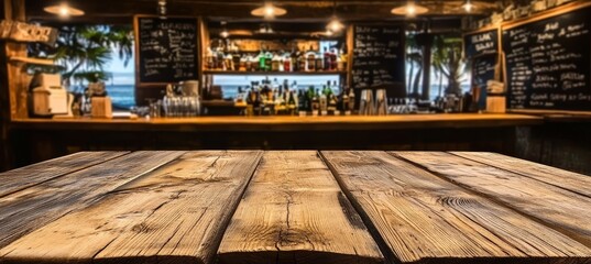 Rustic Wooden Bar Counter with Relaxed Vacation Atmosphere and Blurred Beach Backdrop